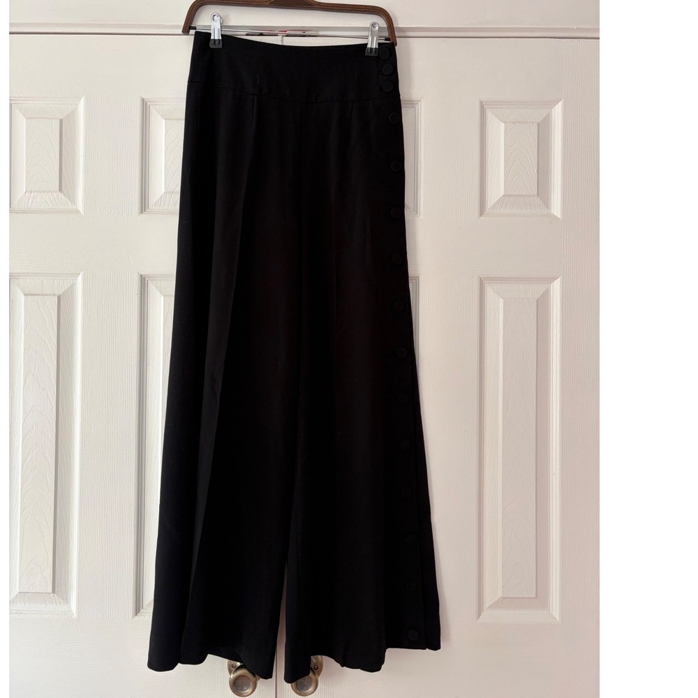 Elevenses Anthropologie Black Wide Leg Sailor Button Trousers Pants Size 4